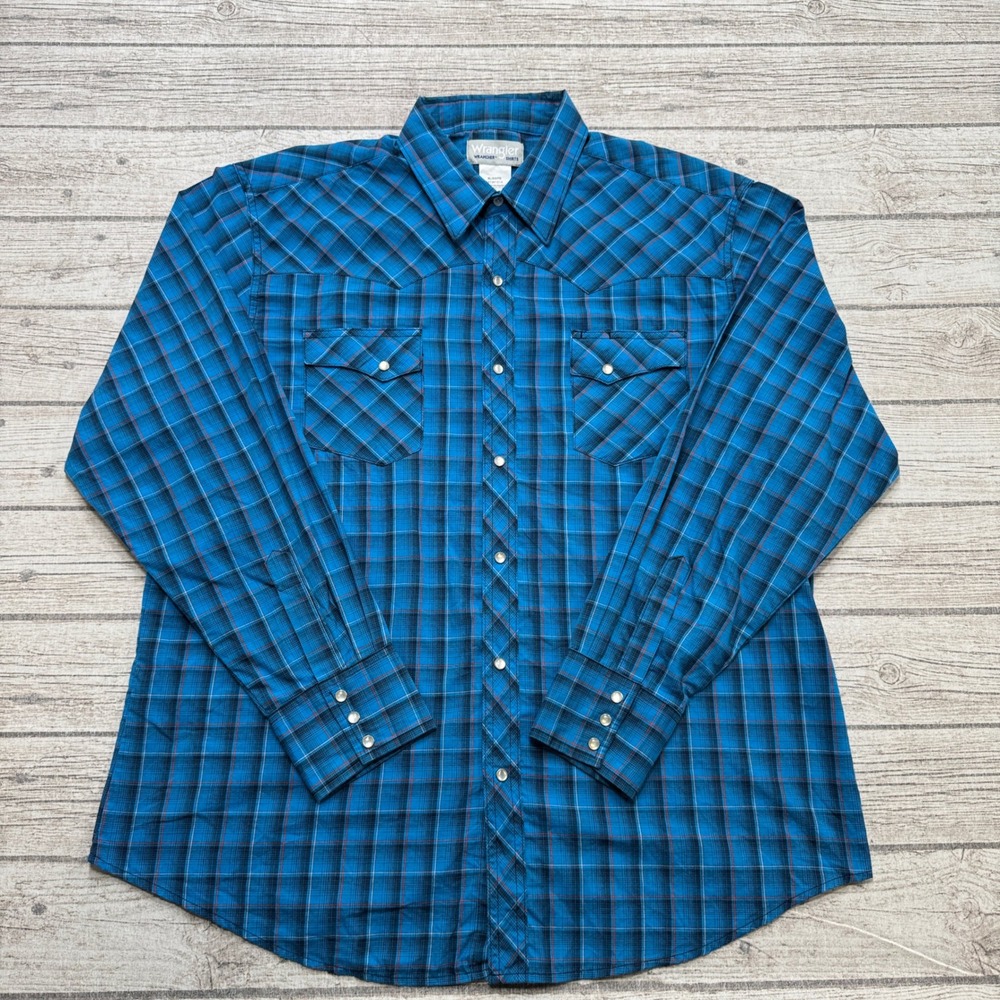 Wrangler Wrancher Shirt Men's XL Blue Plaid Pearl Snap Western Long Sleeve Retro